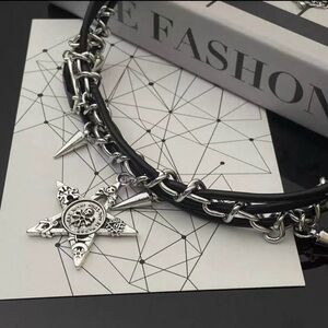 Black Leather & Silver Chain Charm Necklace - Star Pendant